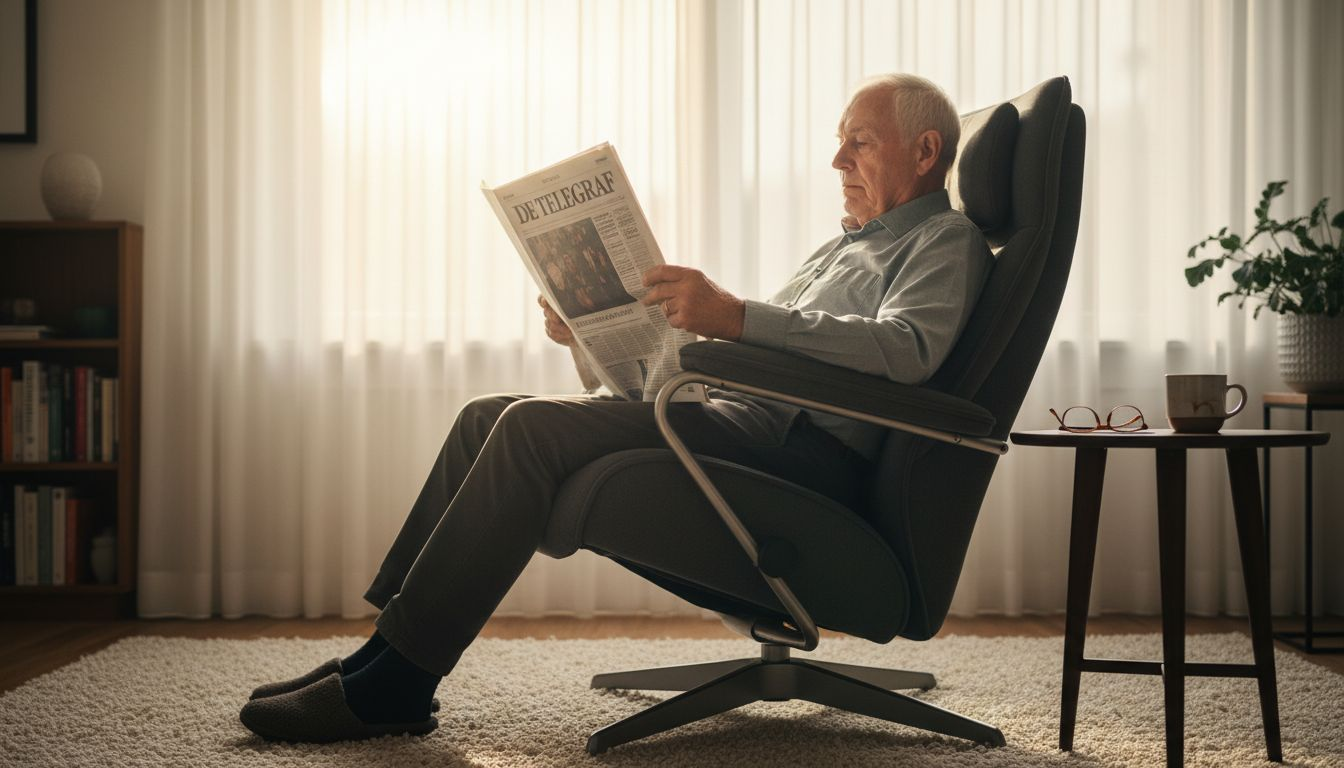 Een oudere man zit thuis comfortabel in een ergonomische stoel en leest een boek.
