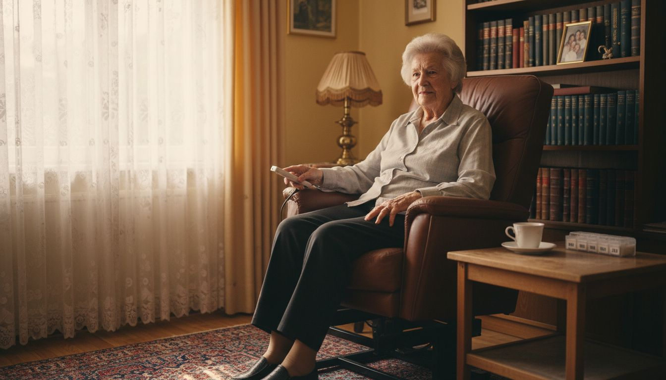 Een oudere dame maakt thuis gebruik van een sta-op-stoel.