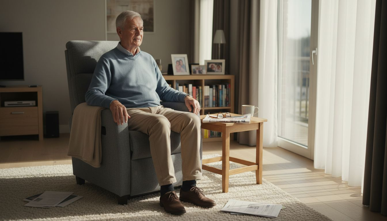 Een oudere heer zit in de woonkamer comfortabel in zijn zorgstoel.