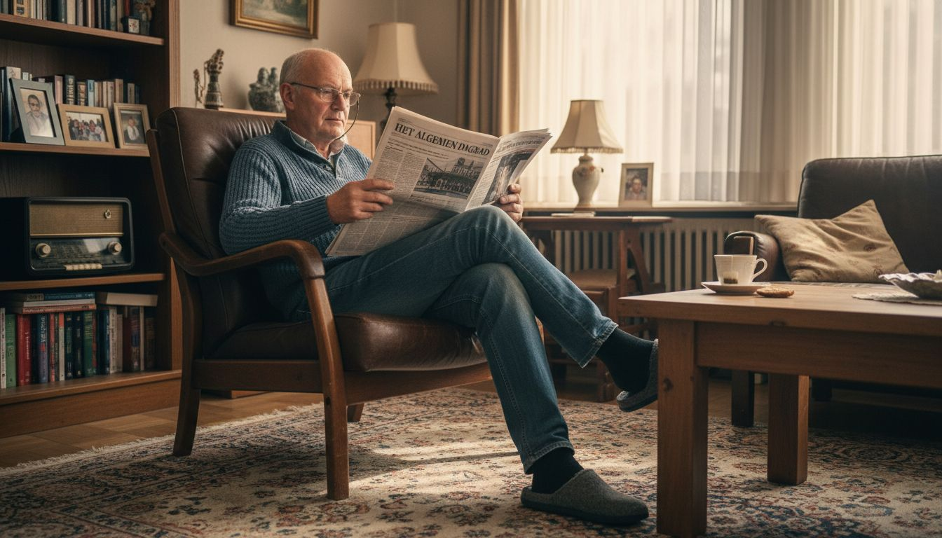 Een man zit ontspannen in zijn favoriete stoel in de woonkamer en leest een boek.