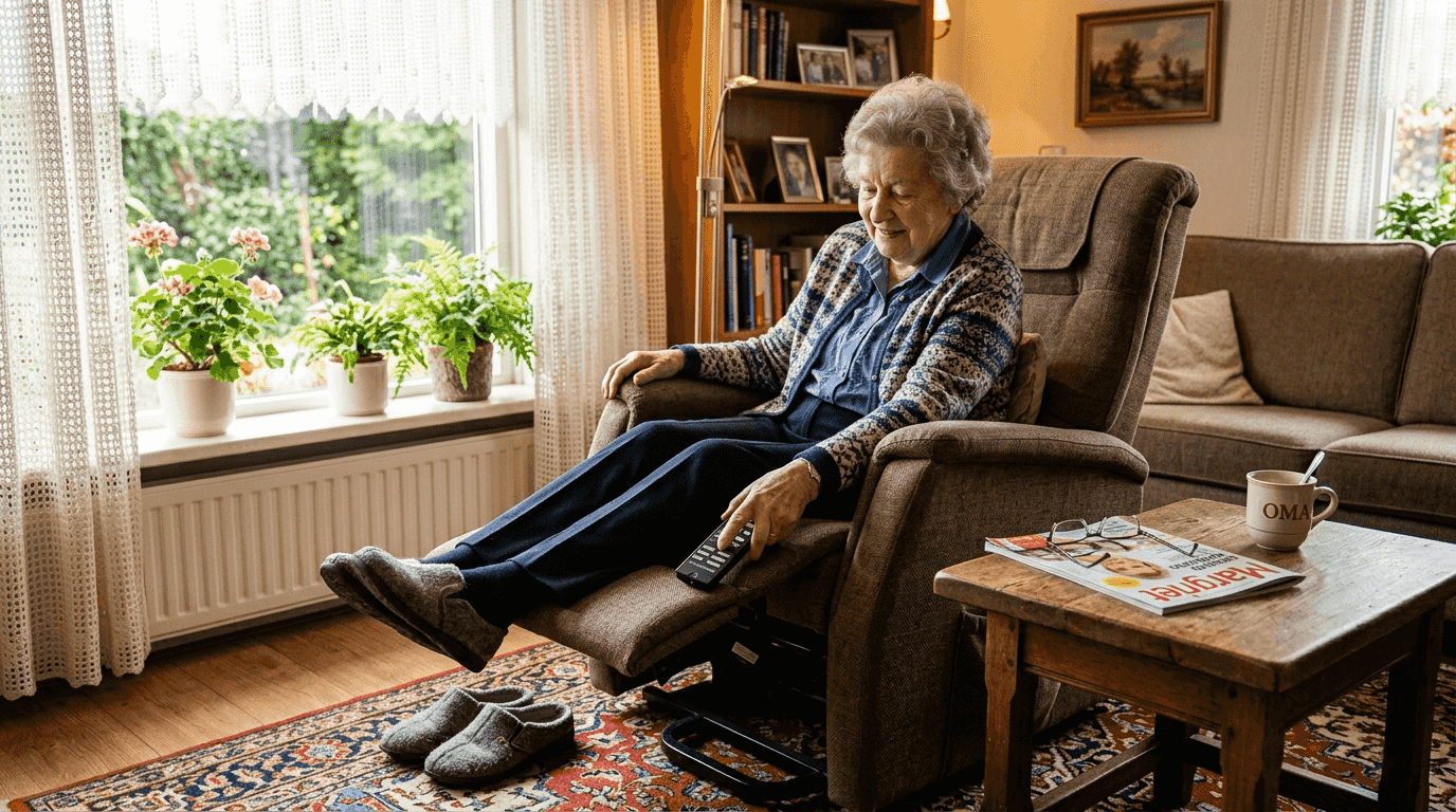 Een oudere dame geniet van het comfort van haar elektrische relaxstoel in de woonkamer.