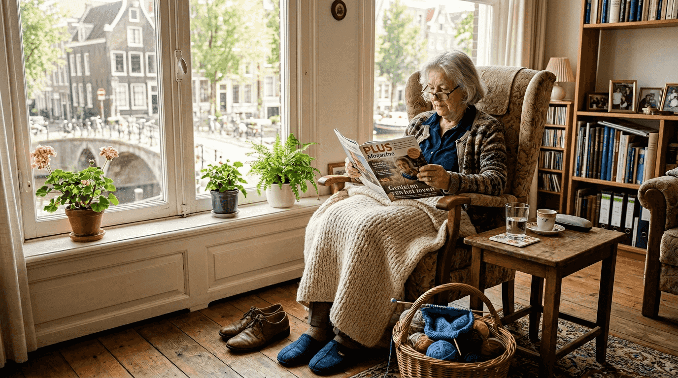 Een oudere dame zit ontspannen in een comfortabele stoel.