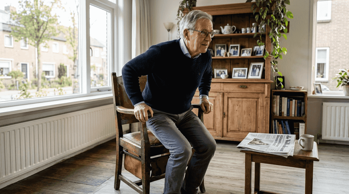 Een oudere heer maakt in de woonkamer gebruik van een trapliftstoel.