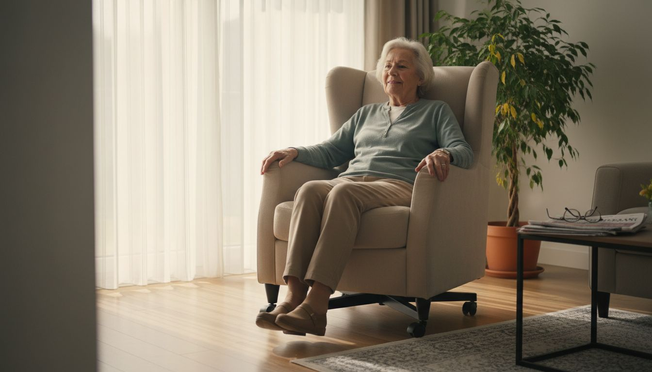 Een oudere dame zit comfortabel in een relaxstoel op wieltjes.