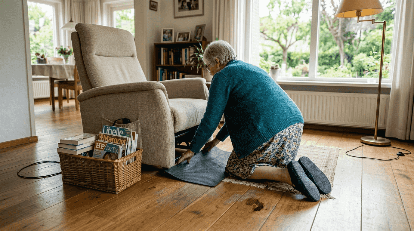 Oudere dame kan veilig en comfortabel thuis genieten van haar relaxfauteuil