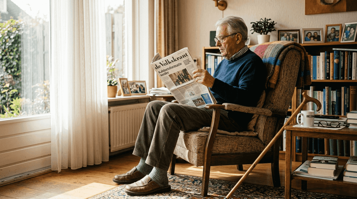 Een oudere man zit rechtop op een stevige stoel.