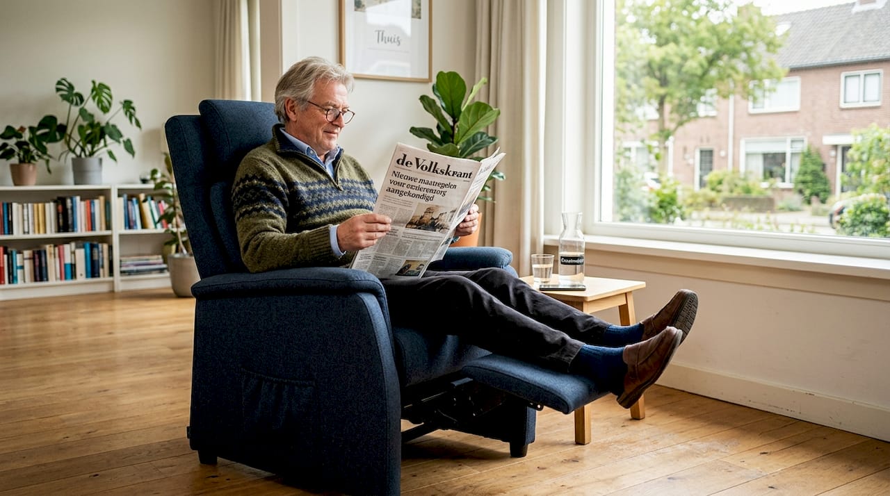 Een oudere heer zit comfortabel te lezen in een ergonomische stoel.