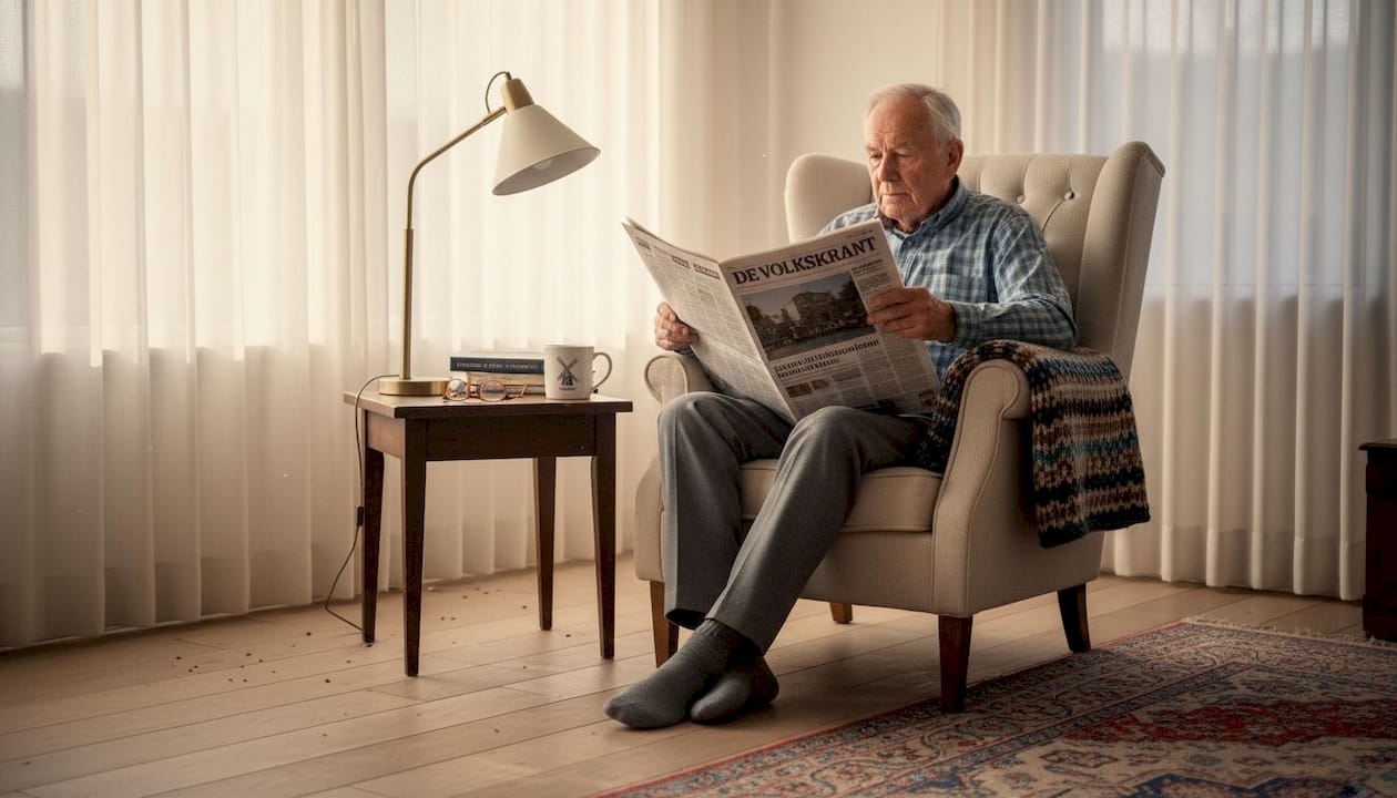 Een oudere man zit ontspannen in een comfortabele stoel en leest rustig de krant.