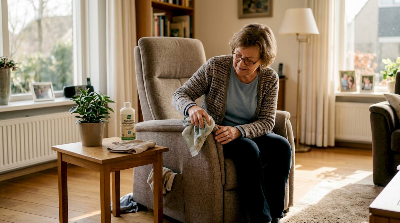Een oudere dame is bezig haar comfortabele stoel schoon te maken.