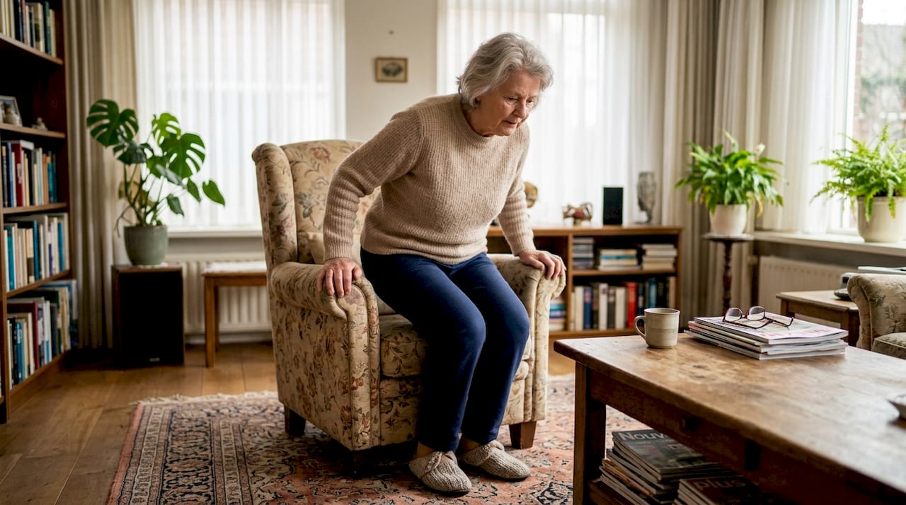 Een oudere man staat voorzichtig op uit zijn fauteuil.