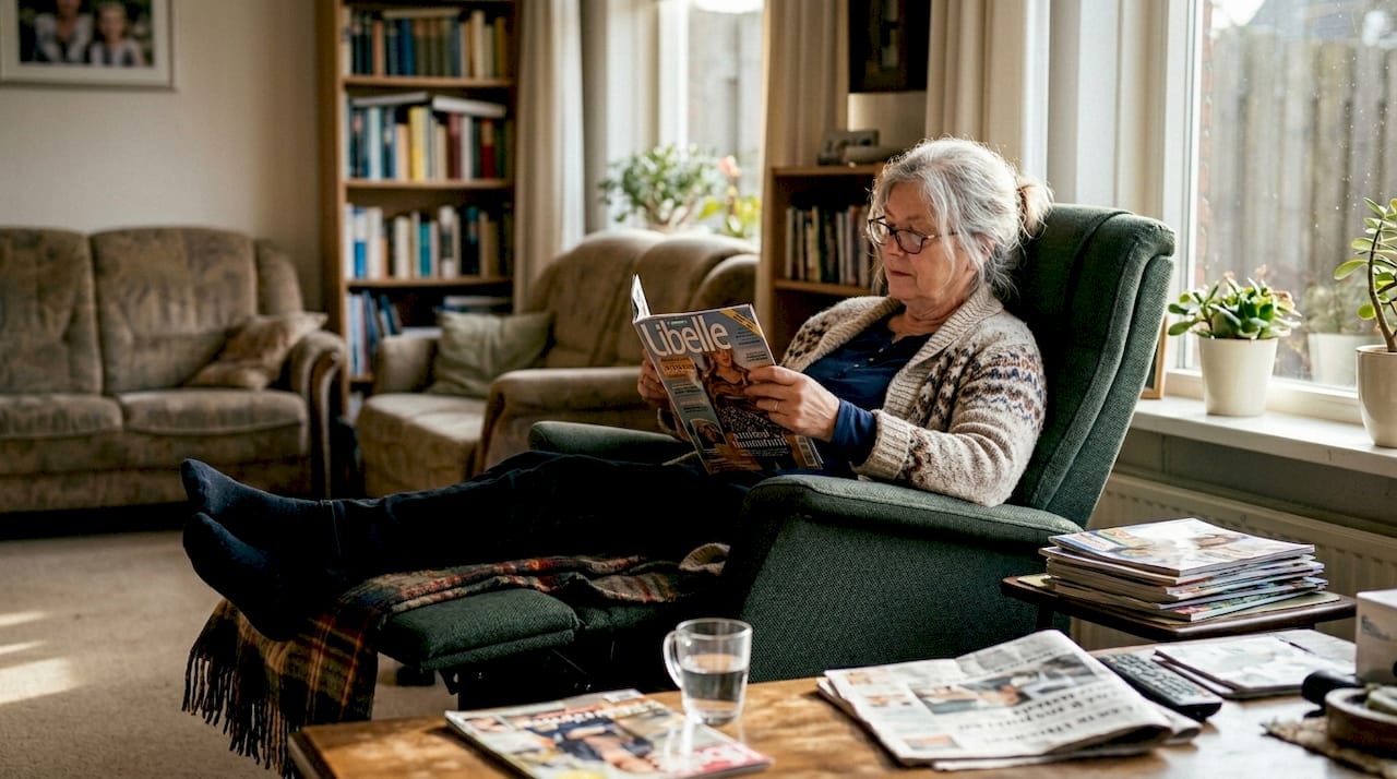 Een oudere dame geniet thuis van een goed boek in haar favoriete stoel.