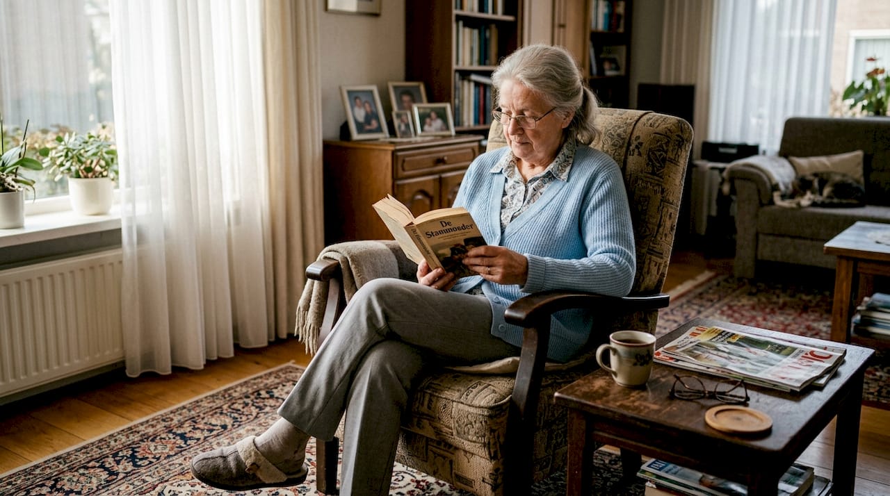 Een oudere vrouw zit ontspannen in haar favoriete stoel in de woonkamer.