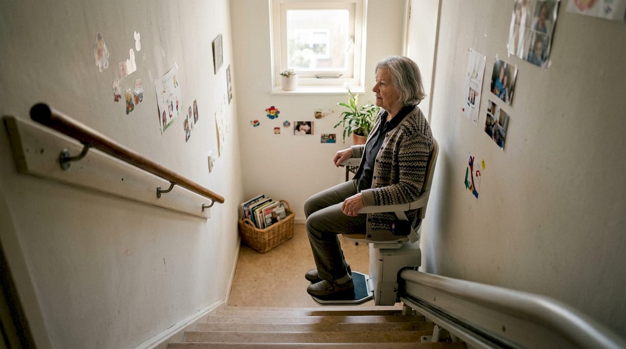 Een oudere dame maakt gebruik van een traplift om de trap op te gaan.