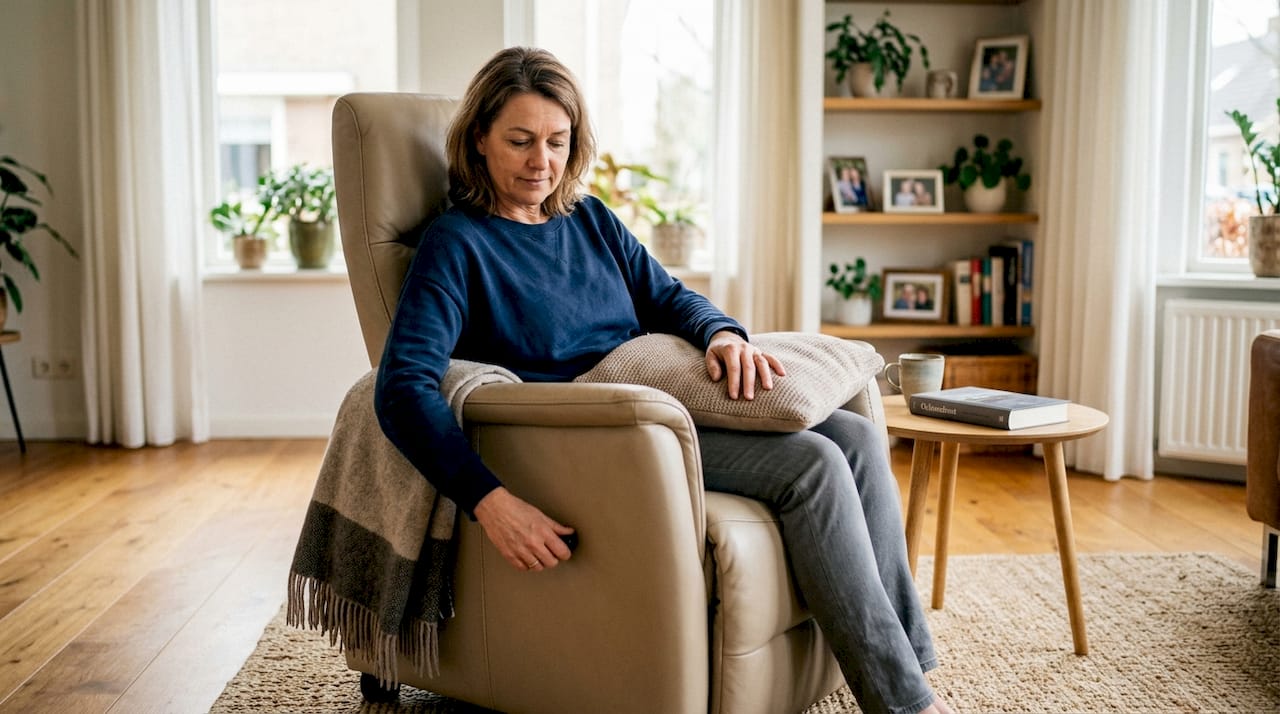 Een vrouw stelt haar relaxstoel bij in de woonkamer.