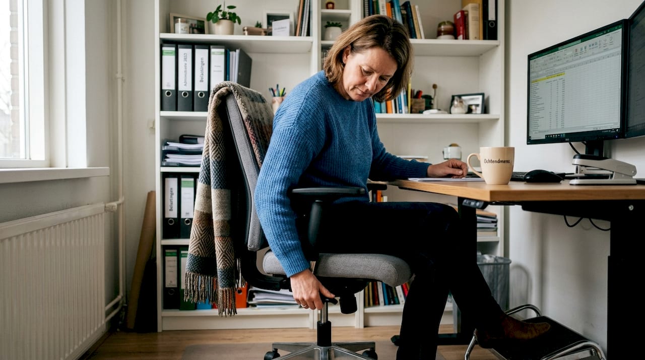 Vrouw stelt bureaustoel goed in voor comfortabele thuiswerkplek