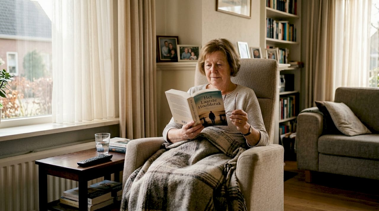 Een oudere zit in een comfortabele stoel bij het raam en leest rustig een boek.