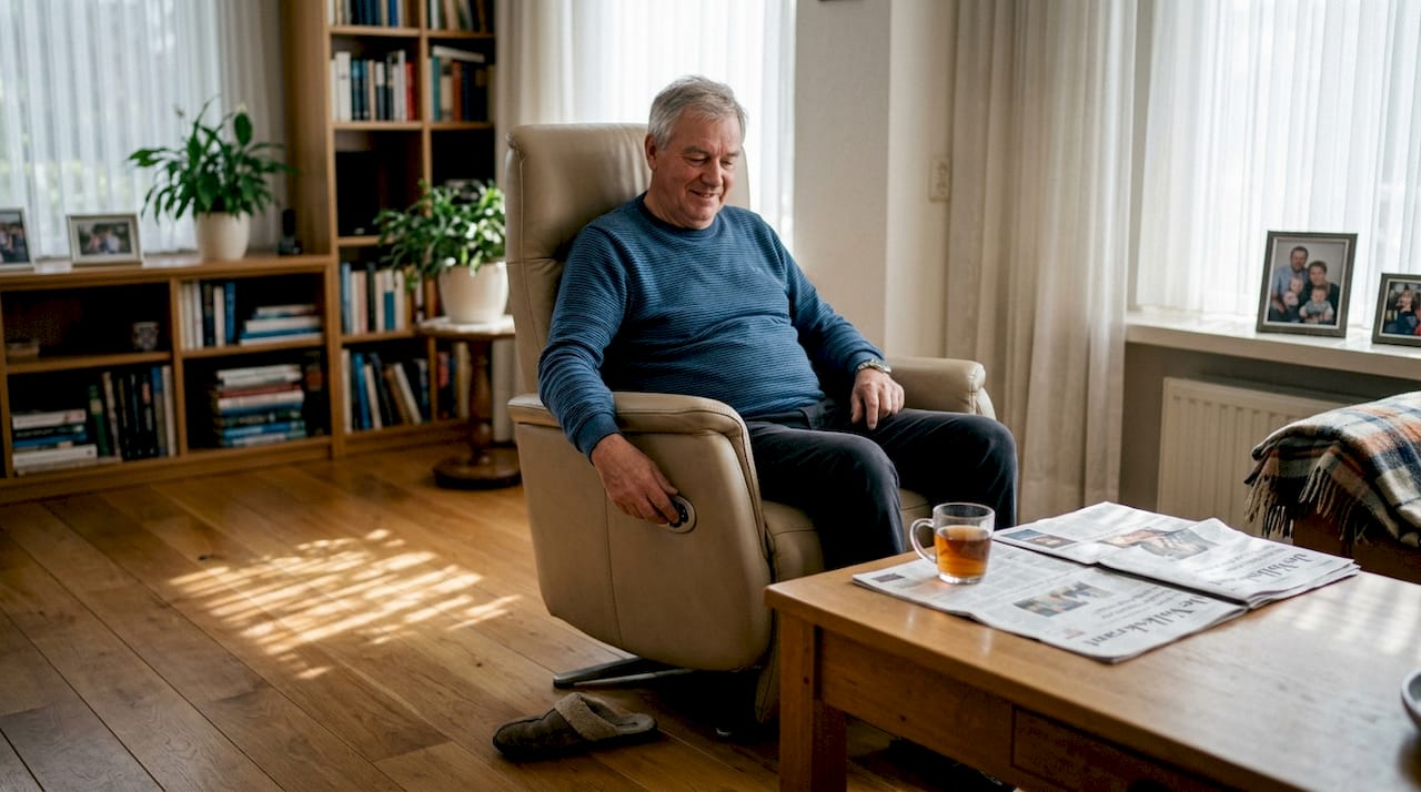 Een man past zijn relaxstoel aan in de woonkamer.