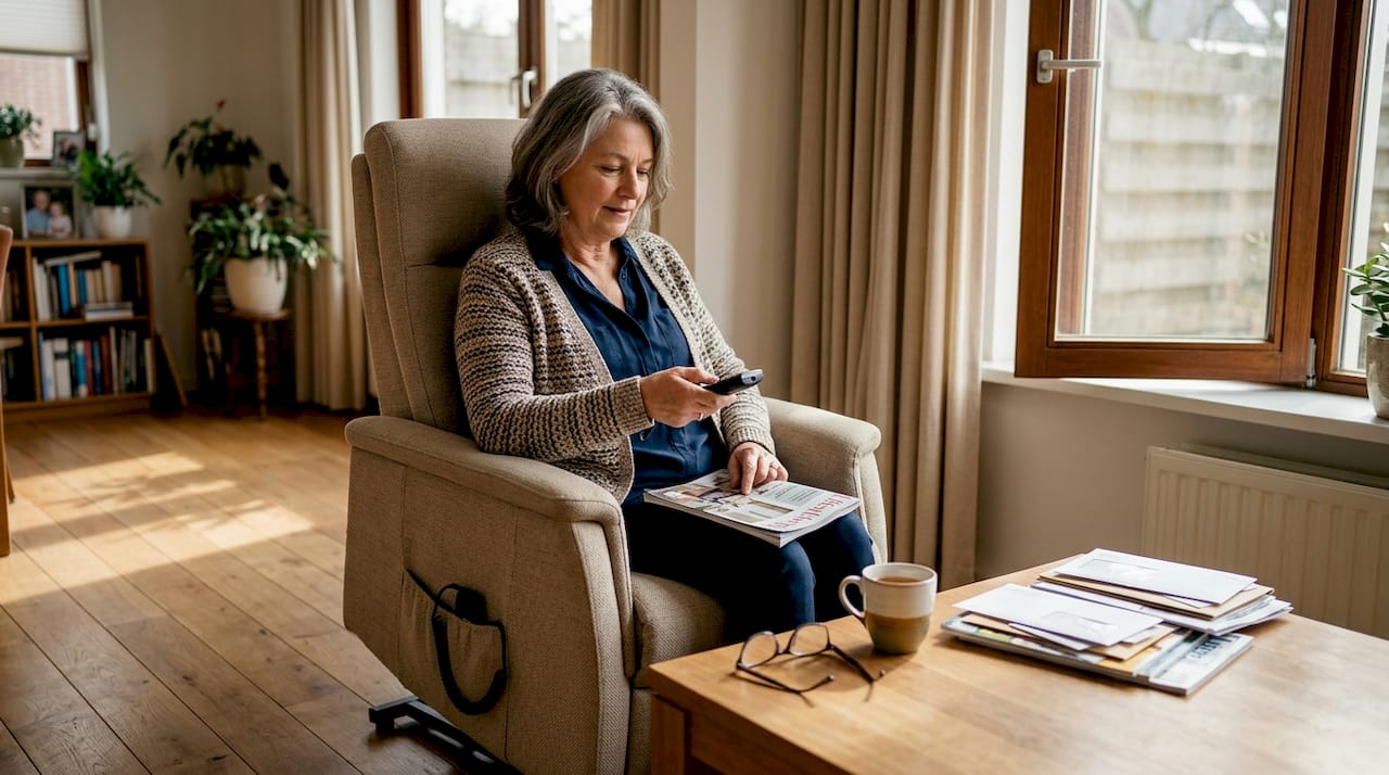 Een vrouw maakt in de woonkamer gebruik van een elektrische sta-op stoel.