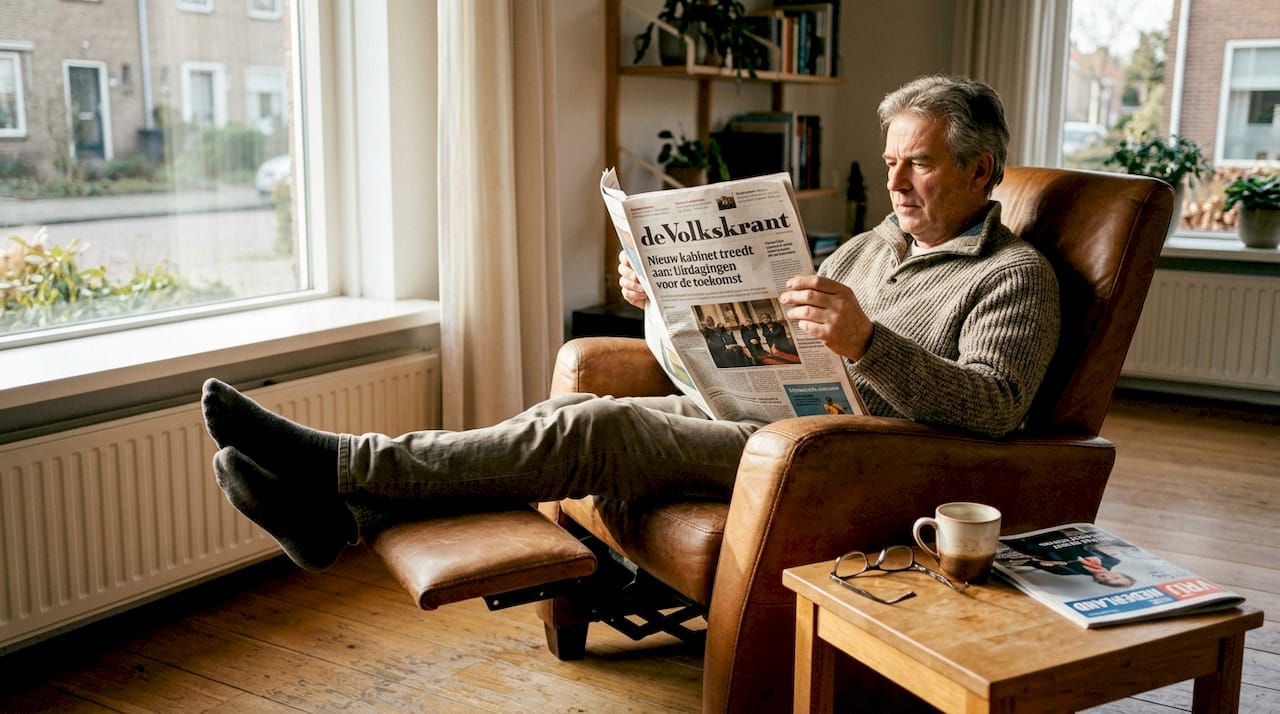 Een man zit ontspannen te lezen in een comfortabele stoel met zijn voeten omhoog.