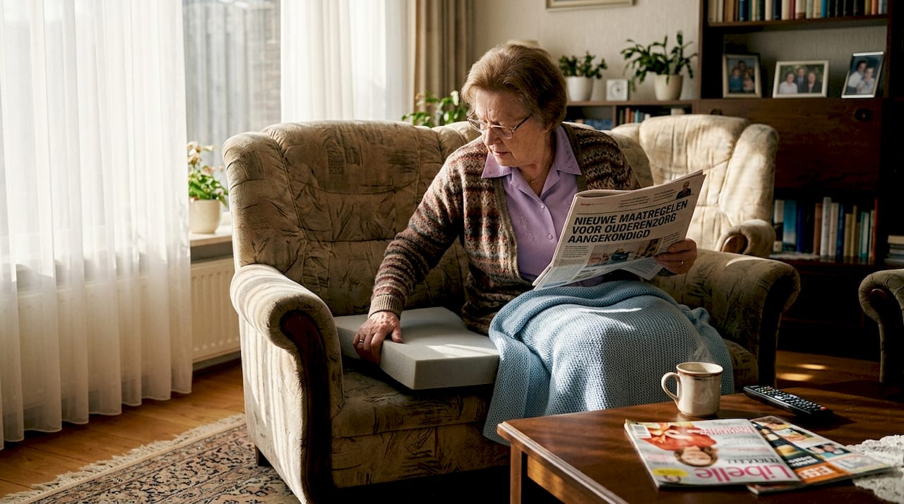 Een oudere dame geniet ontspannen van haar comfortabele plek in de woonkamer.