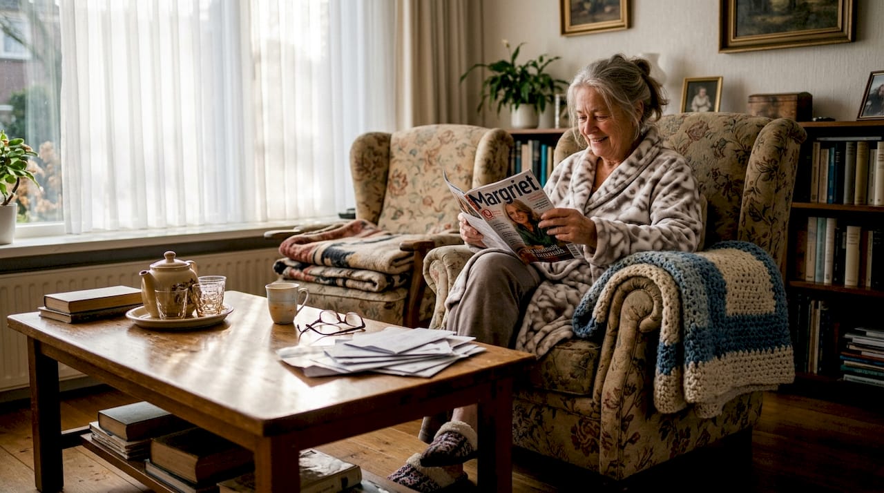 Een oudere dame zit ontspannen in een comfortabele stoel en leest rustig een boek.