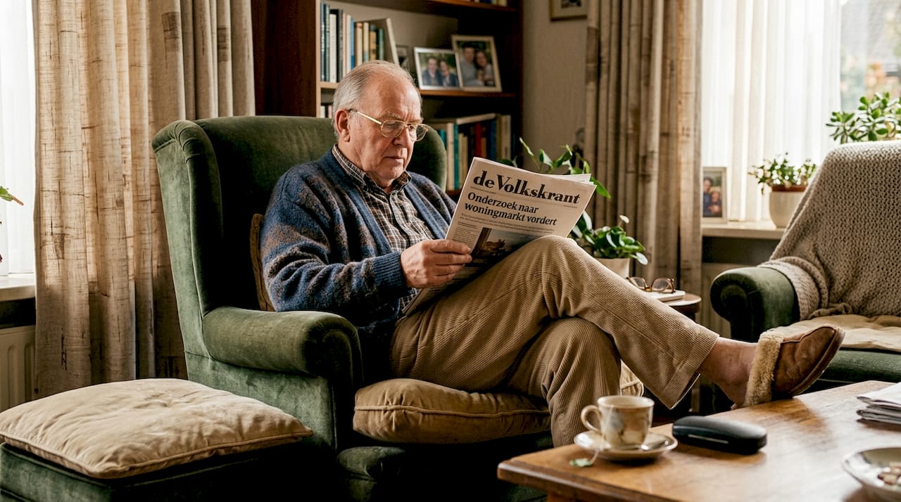 Een oudere man zit comfortabel te lezen in een heerlijk zachte fauteuil.