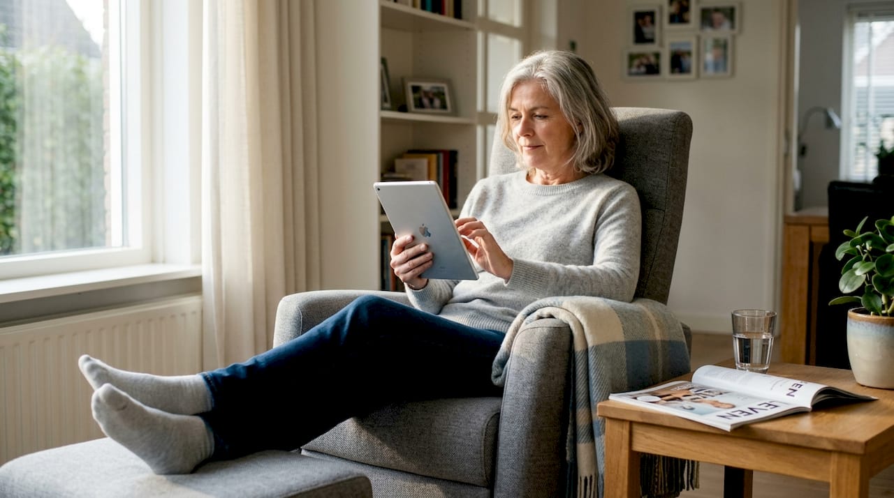 Een vrouw probeert een relaxfauteuil uit in een lichte, sfeervolle woonkamer.