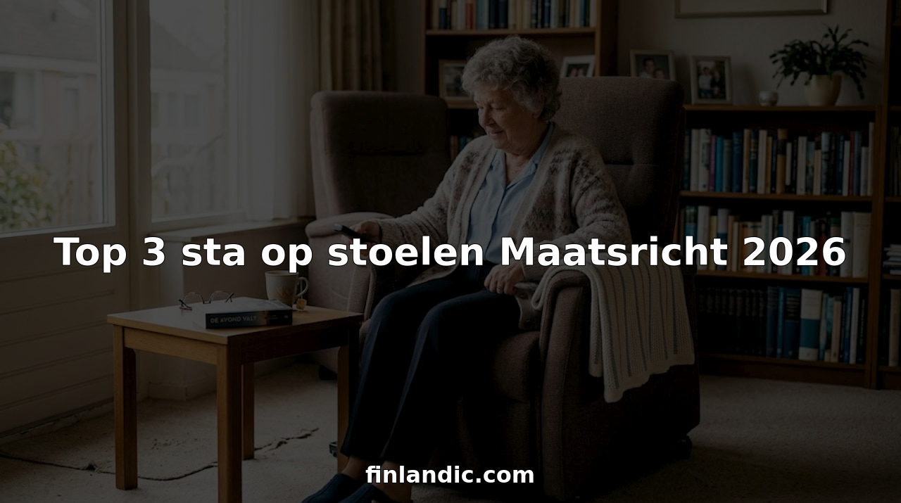 Een oudere dame stelt haar sta-opstoel bij in een sfeervolle woonkamer.