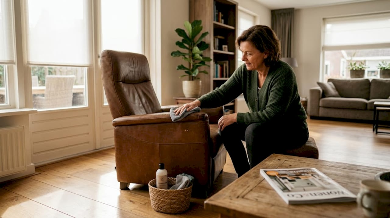 Een vrouw is bezig haar leren fauteuil in de woonkamer te verzorgen.