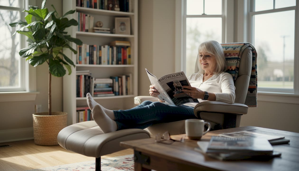 In een comfortabele, ergonomisch ingerichte woonkamer zit een vrouw ontspannen te lezen.
