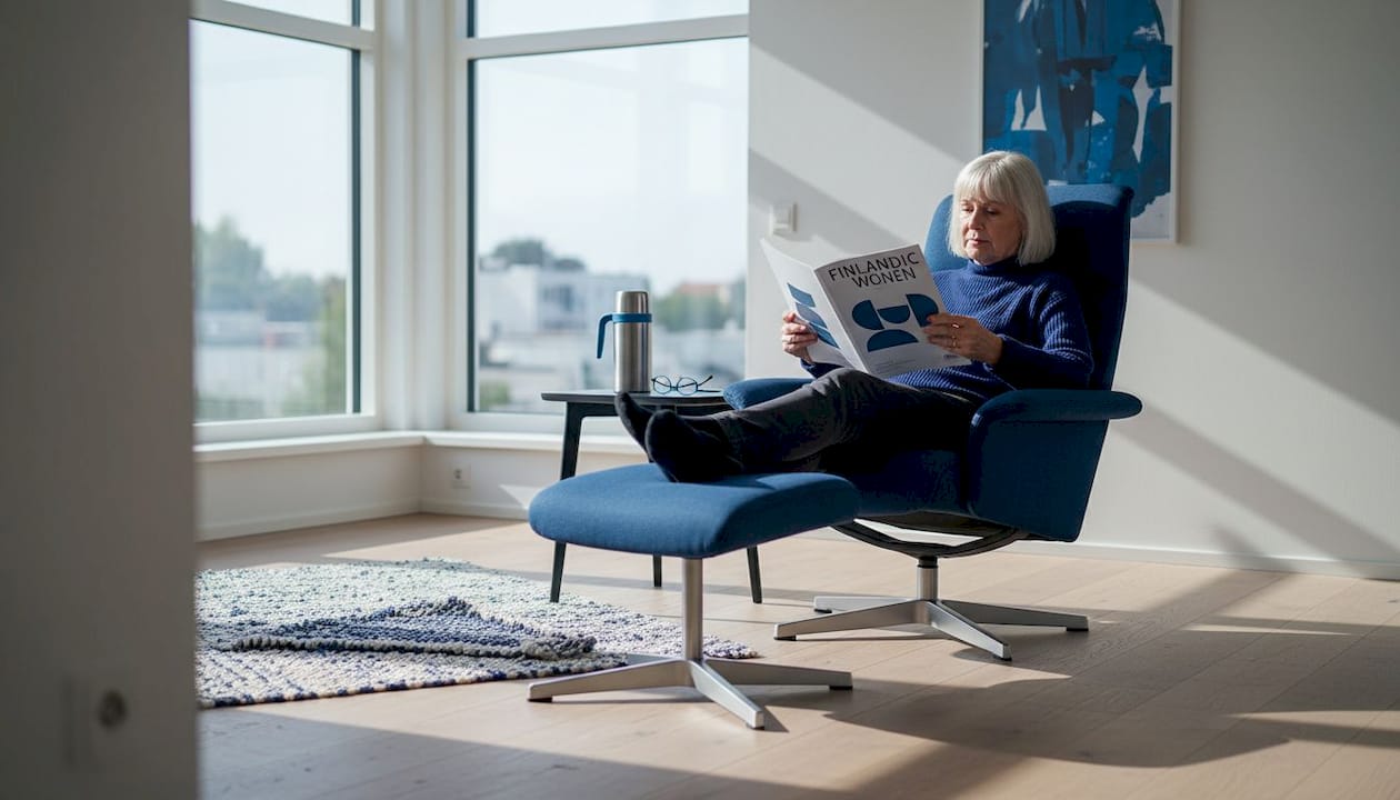 Een oudere dame zit ontspannen in een comfortabele relaxstoel.