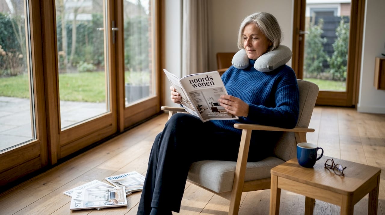 Een vrouw zit comfortabel in een fauteuil en leest een boek, terwijl ze haar nek ondersteunt met een kussen.
