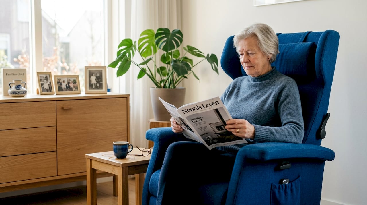Een oudere dame zit ontspannen in haar favoriete stoel en geniet van een goed boek.