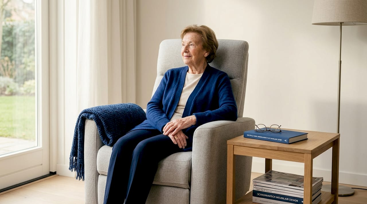 Een oudere man geniet ontspannen in zijn comfortabele fauteuil in de woonkamer.