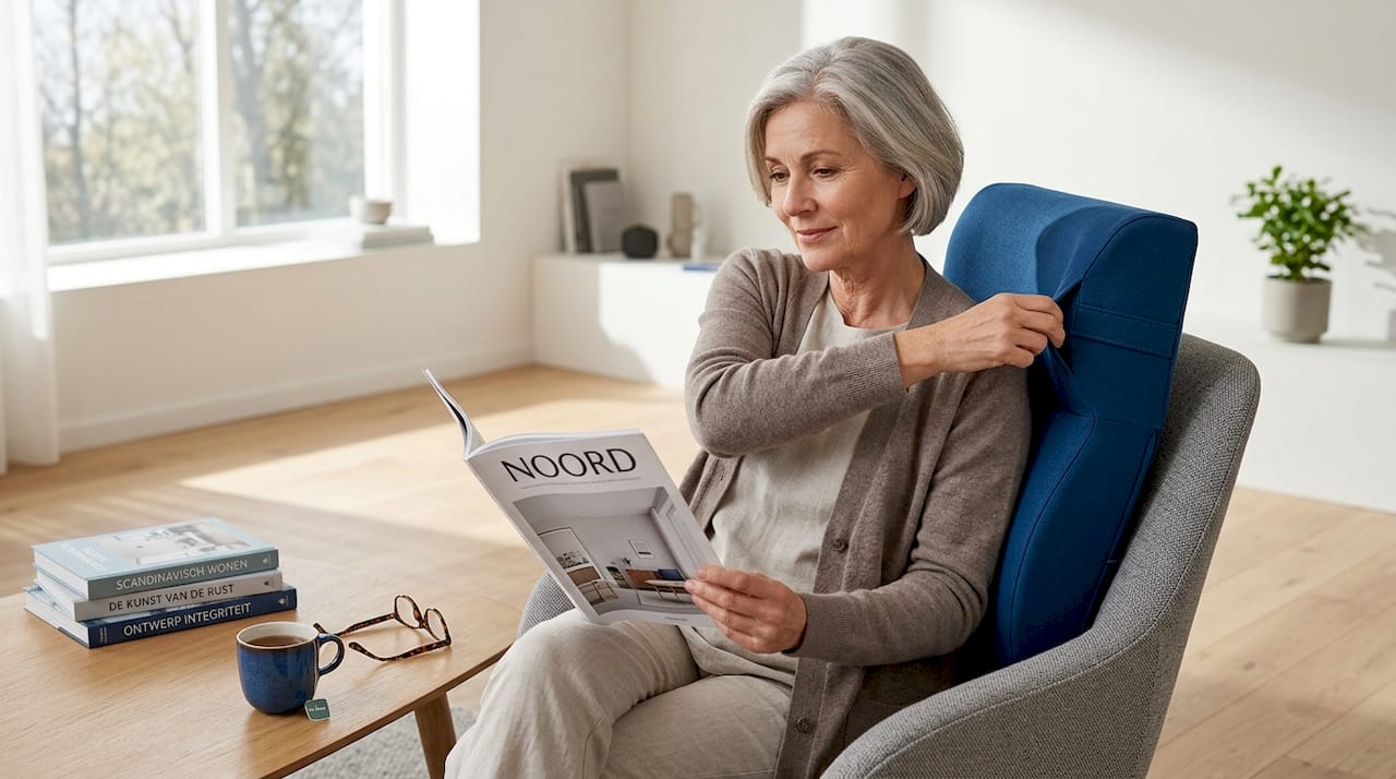 Een vrouw stelt het kussen in haar fauteuil naar wens af.