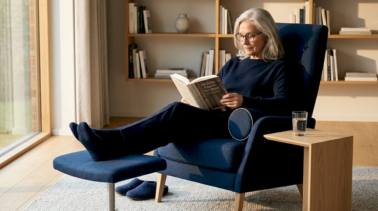 Een oudere dame zit thuis comfortabel in haar favoriete stoel te lezen.