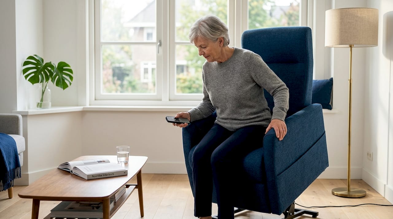 Een vrouw neemt plaats op een sta-op stoel in de woonkamer.