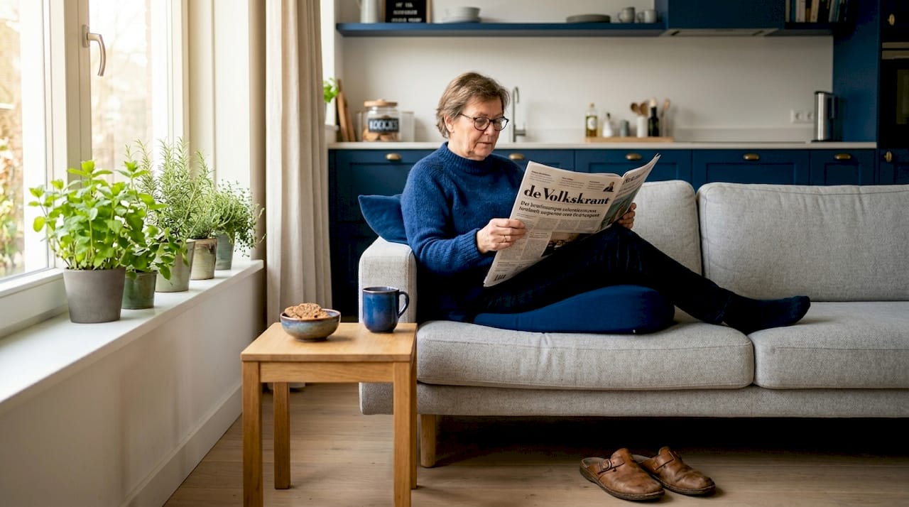 Een oudere dame zit comfortabel thuis dankzij een ergonomisch kussen op haar stoel.