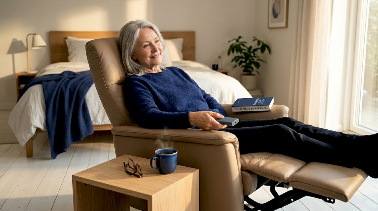 Een oudere dame zit comfortabel in een relaxfauteuil en bedient deze eenvoudig met een afstandsbediening.
