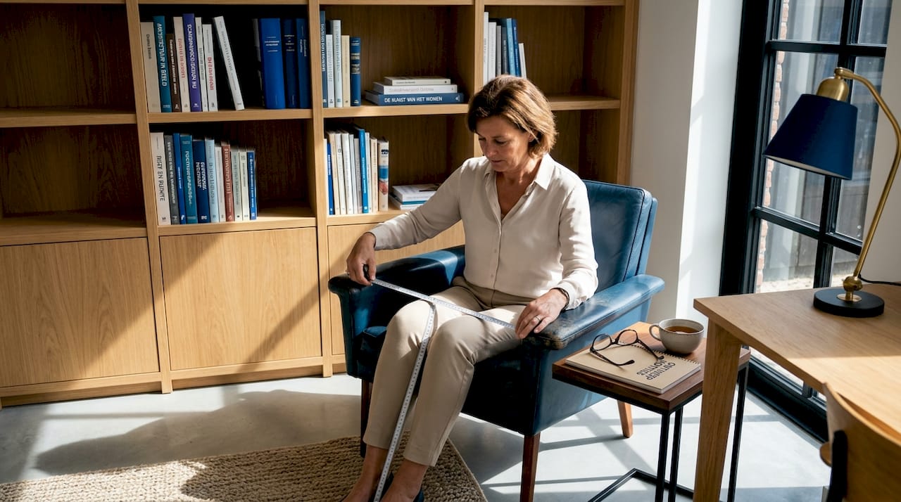 Een vrouw controleert de zithoogte van een stoel in de woonkamer.