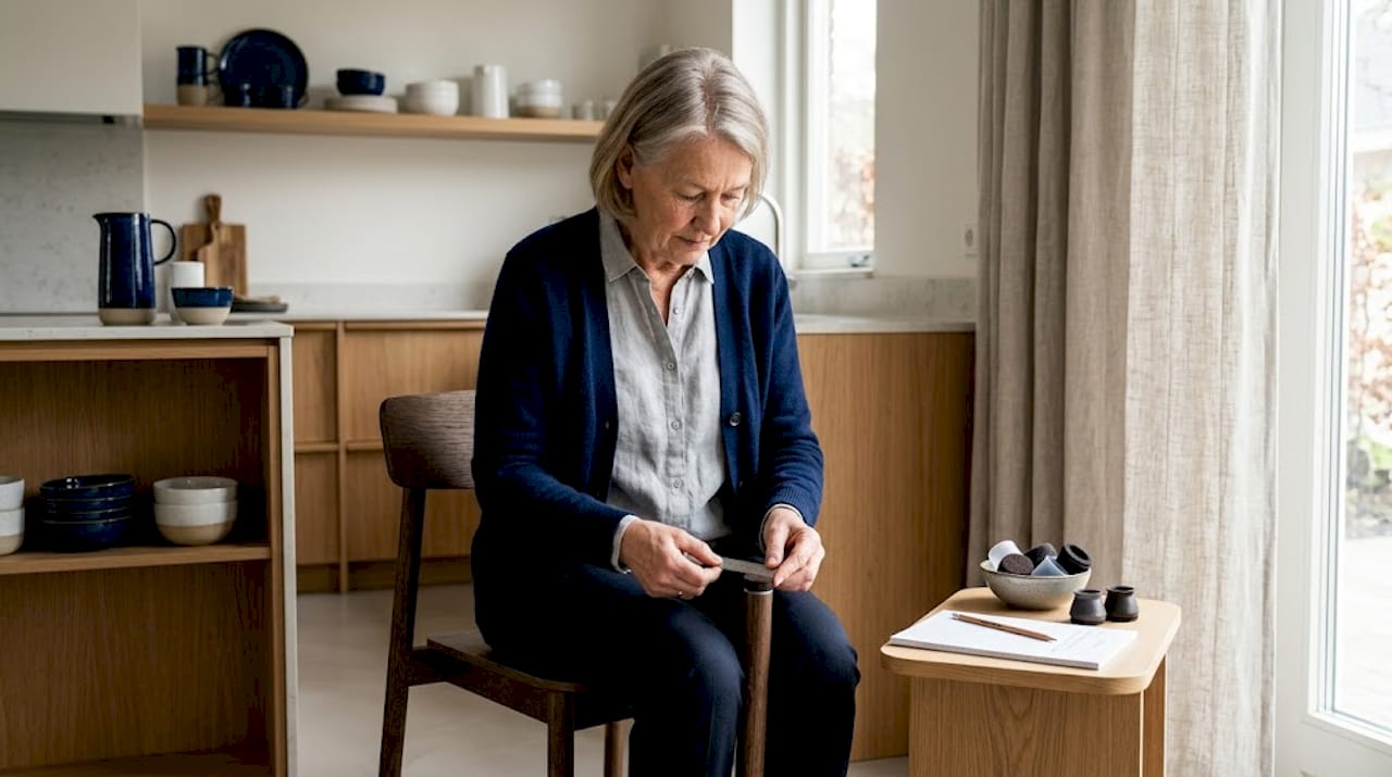 Een oudere dame bekijkt accessoires voor de poten van haar stoelen in de woonkamer.