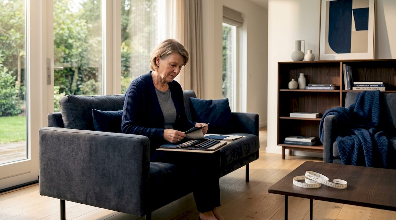 Een oudere dame bekijkt verschillende stofstalen voor haar nieuwe stoelen in de woonkamer.