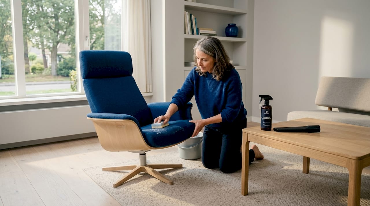 Een vrouw maakt de relaxfauteuil in de woonkamer schoon.