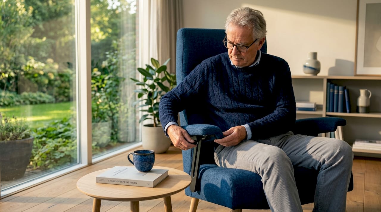 Oudere past de armleuning van zijn stoel in de woonkamer aan.