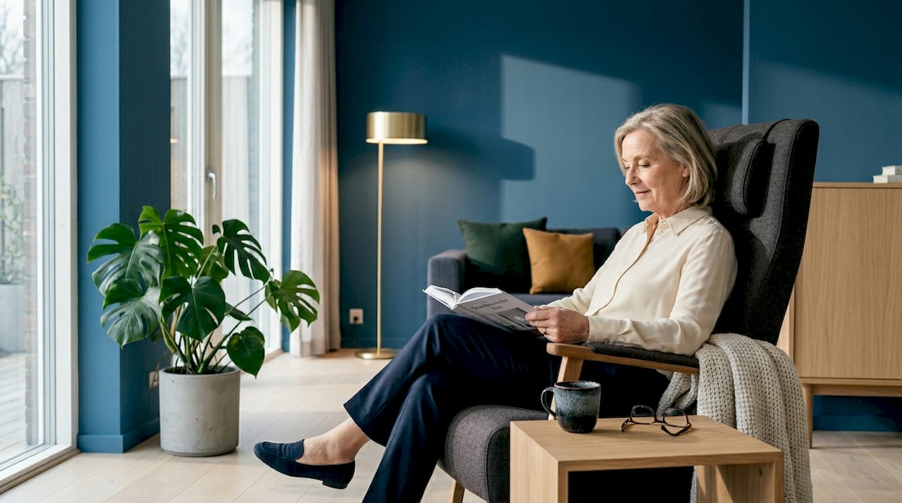 Een oudere dame geniet ontspannen van haar comfortabele stoel.