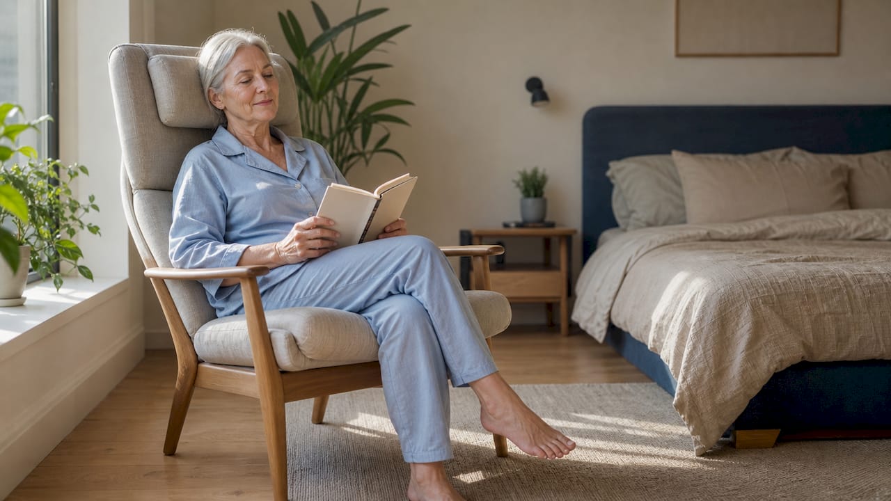 Een oudere dame zit comfortabel in de woonkamer, met haar hoofd lekker ondersteund door een zacht kussen.