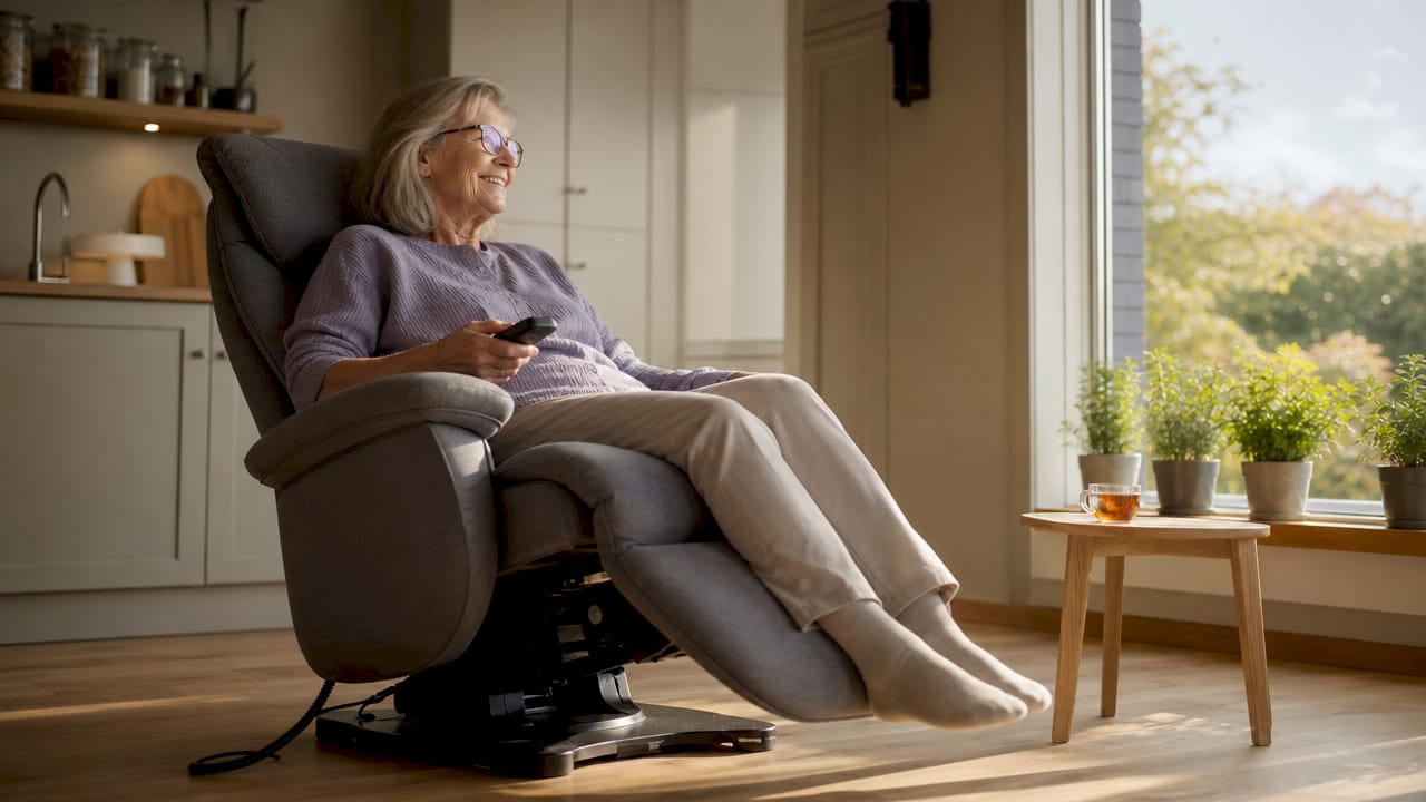 Een oudere dame verstelt thuis moeiteloos haar elektrische relaxstoel.