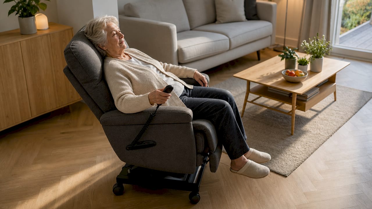 Een oudere dame maakt gebruik van een rolstoel met liftfunctie.