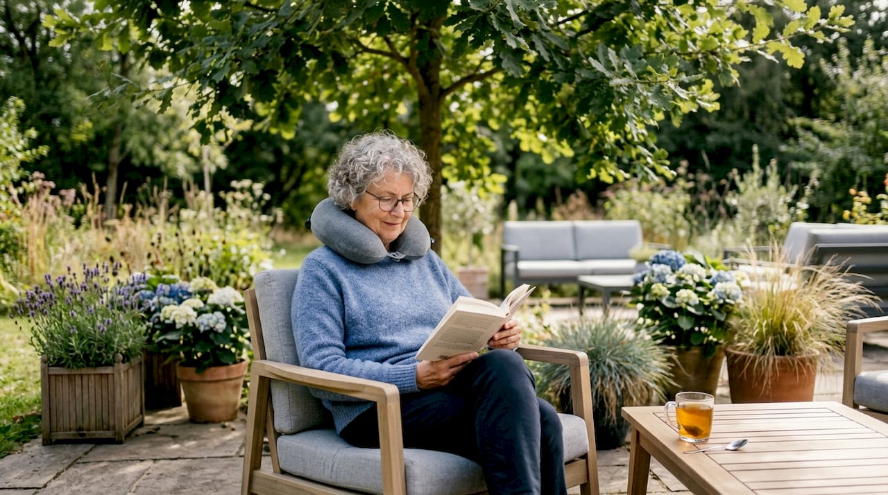 Een oudere dame zit ontspannen met een nekkussen in een gezellige leeshoek.