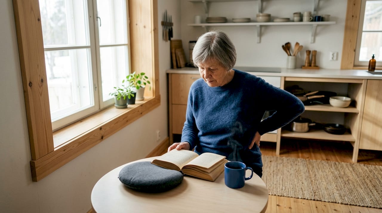 Een oudere dame kijkt kritisch naar haar houding terwijl ze comfortabel plaatsneemt in een ergonomische stoel.
